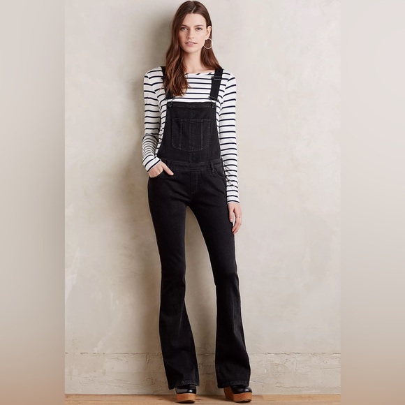Paige Tavie Denim Flared Leg Overalls In Black Size 29